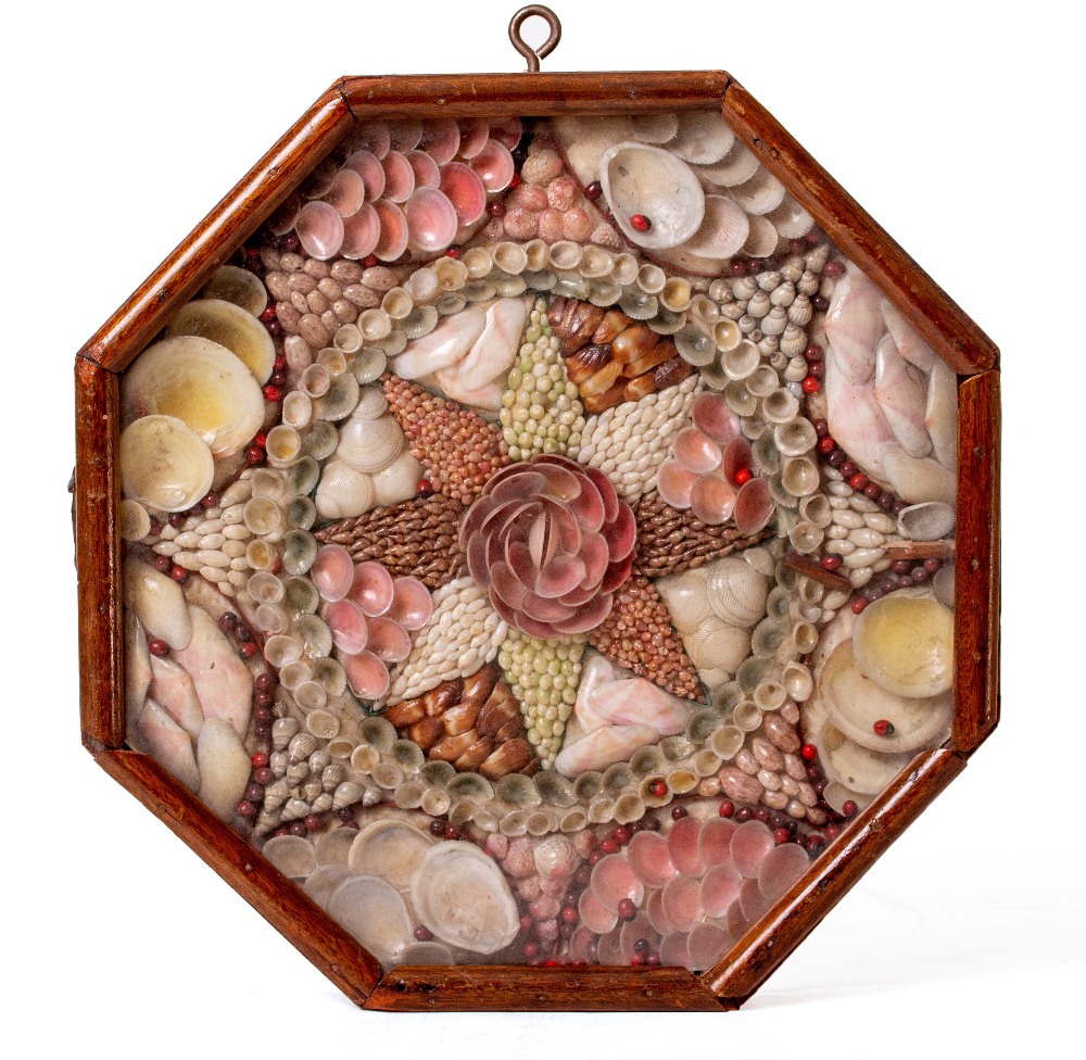 AN ANTIQUE OCTAGONAL SAILORS LOVE TOKEN in the form of a shell picture, 24.5cm wide