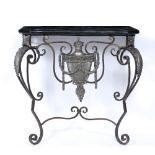 AN 18TH CENTURY FRENCH STYLE WROUGHT IRON CONSOLE TABLE with central urn decoration and supporting