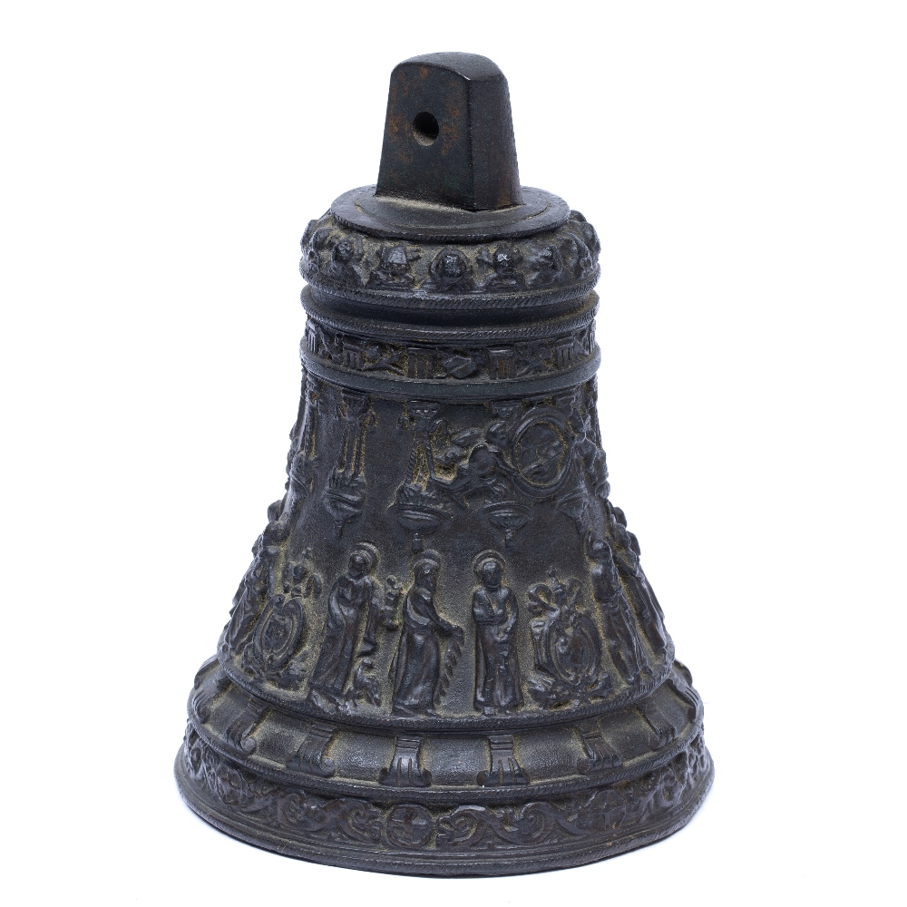 A RENAISSANCE STYLE BRONZE BELL cast with saints beneath flaming lamps, 11cm diameter x 15.5cm high - Image 2 of 3