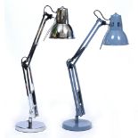 A BLUE PAINTED ANGLEPOISE TYPE ADJUSTABLE DESK LAMP 62cm high together with a similar chrome