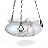 A FRENCH MARBLE EFFECT GLASS PLAFONNIER with three lugs and shaped suspension hoops, 40cm diameter