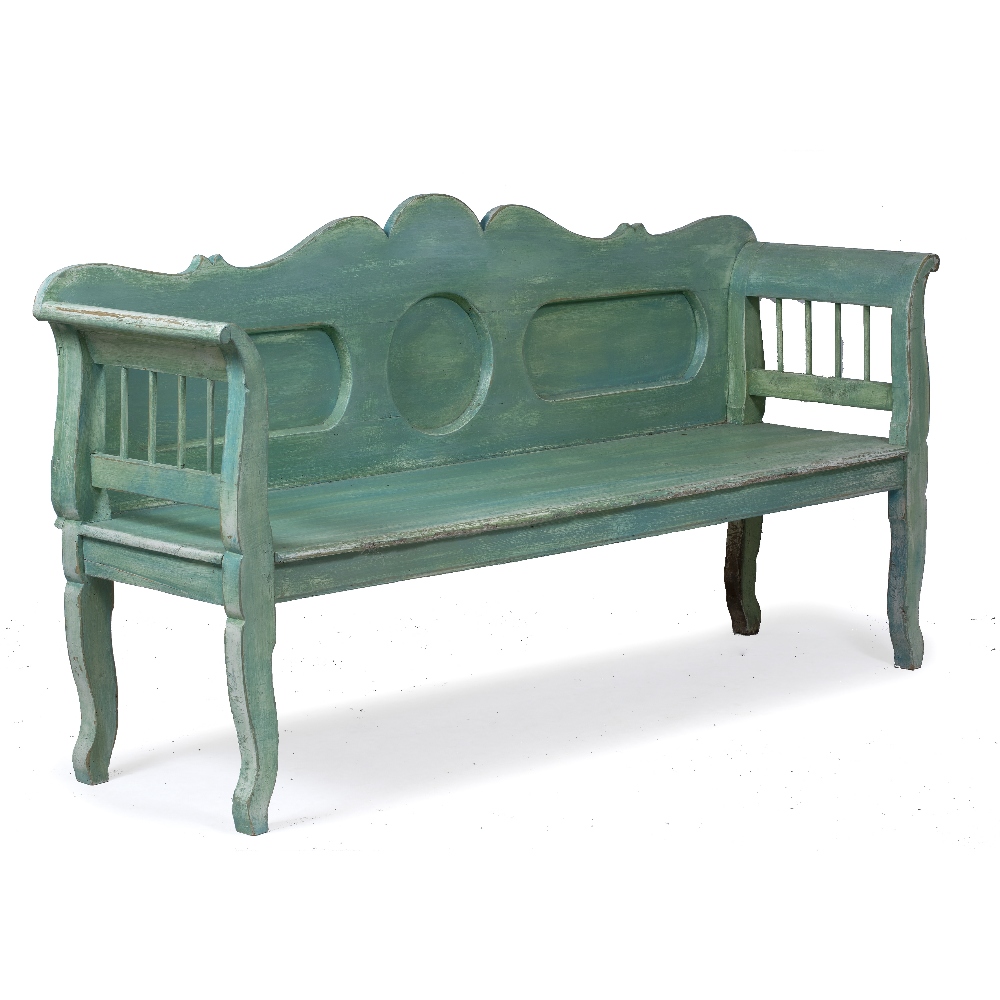 A LIGHT GREEN PAINTED PINE SETTLE with panel back, scroll arms and shaped legs, 186cm wide x 52cm - Image 2 of 2