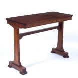 A WILLIAM IV MAHOGANY RECTANGULAR SIDE TABLE with end supports and spreading feet, 99.5cm wide x