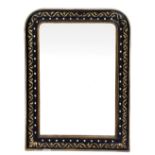 A LATE 19TH / EARLY 20TH CENTURY, POSSIBLY IRISH EBONISED AND GILDED WALL MIRROR 77cm wide x 105cm