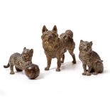 TWO 19TH CENTURY VIENNESE COLD PAINTED BRONZE SCULPTURES OF CATS one seated the other playing with a