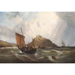 H LANCASTER (19TH CENTURY ENGLISH SCHOOL) 'Shipping off St Michael's Mount', oils on canvas,