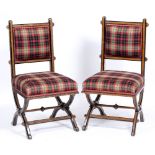 A PAIR OF VICTORIAN GOTHIC REVIVAL OAK SIDE CHAIRS of pegged construction, with overstuffed