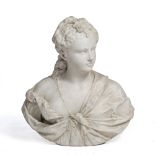 A 19TH CENTURY MARBLE BUST OF A LADY wearing classical robes with her hair tied back, 58cm wide x