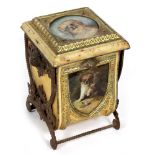 A VICTORIAN TOLEWARE COAL PURDONIUM OR BOX decorated with painted panels of dogs, with carrying