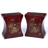 A PAIR OF RED LACQUERED BEDSIDE CABINETS with chinoiserie decoration, single drawer above a cupboard