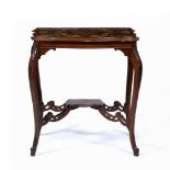 A LATE 19TH CENTURY WALNUT CENTRE TABLE with ebony and satinwood parquetry decoration, 64cm wide x
