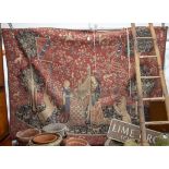 A POINT DE L'HALLUIN FRENCH MACHINE MADE TAPESTRY depicting musicians, a unicorn and a lion, 177cm x