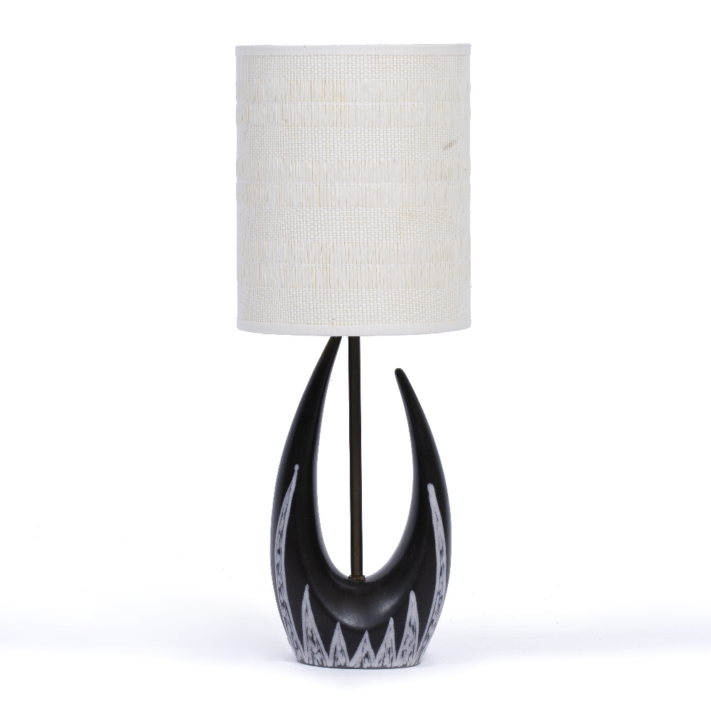 A DANISH BLACK AND WHITE GLAZED TABLE LAMP with cylindrical shade, 49cm high overall together with a