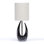 A DANISH BLACK AND WHITE GLAZED TABLE LAMP with cylindrical shade, 49cm high overall together with a