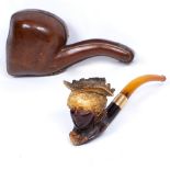 A VICTORIAN MEERSCHAUM PIPE carved in the form of a young lady wearing a bonnet, with gold collar