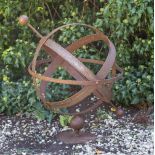 A WROUGHT IRON ARMILLARY SPHERE SUNDIAL 50cm diameter x 68cm high