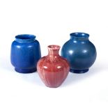 THREE ROYAL LANCASTRIAN VASES to include two small blue mottled glaze vases with impressed marks,