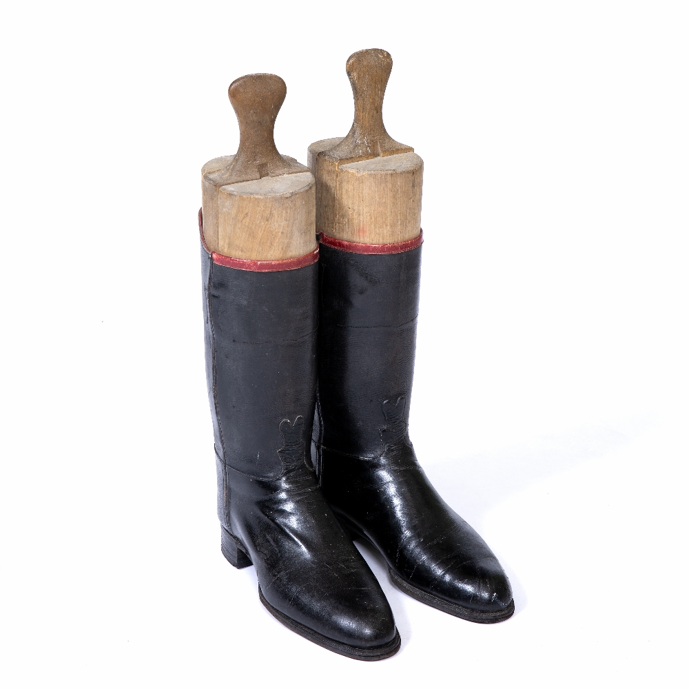 A PAIR OF BLACK LEATHER CAVALRY TYPE BOOTS AND BOOT LASTS the boots 36cm high
