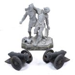 A VICTORIAN SPELTER FIGURAL GROUP of medieval knights after battle, on a wooden plinth, 27cm wide