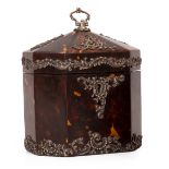 A LATE VICTORIAN OCTAGONAL TORTOISE SHELL AND SILVER MOUNTED TEA CADDY with internal lid to the