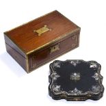 A VICTORIAN PAPIER MACHE SERPENTINE EDGED COUNTER BOX by Jennens & Bettridge with abalone shell