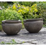 A PAIR OF BUFF TERRACOTTA EARLY 20TH CENTURY ART NOUVEAU STYLE GARDEN URNS OR PLANTERS with