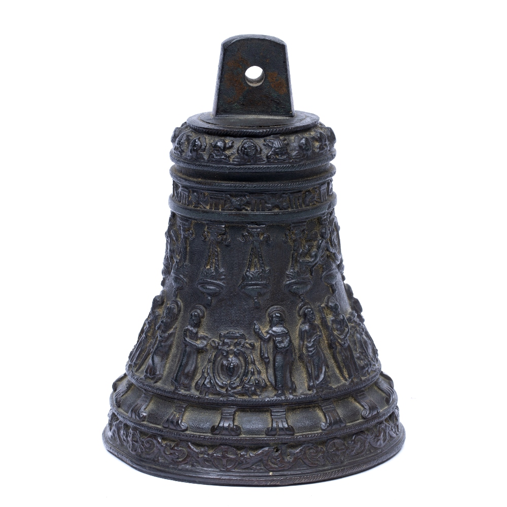 A RENAISSANCE STYLE BRONZE BELL cast with saints beneath flaming lamps, 11cm diameter x 15.5cm high