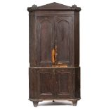 A REGENCY SCUMBLED PINE CORNER CABINET with palm etched decorated crest, gothic arched decorated