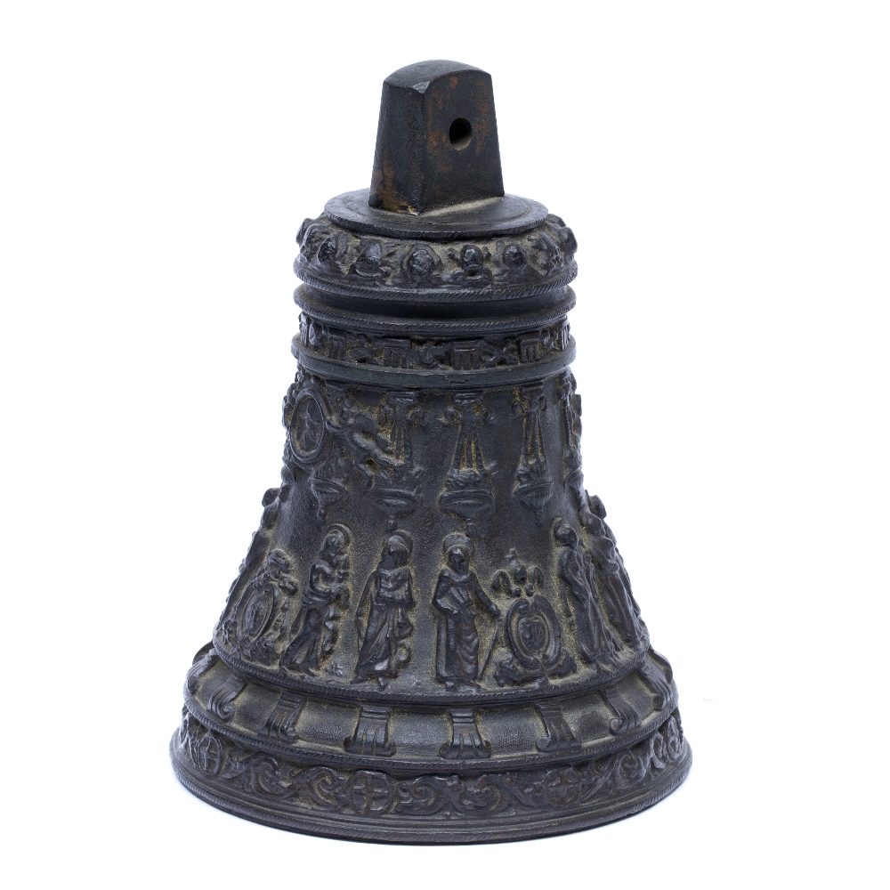 A RENAISSANCE STYLE BRONZE BELL cast with saints beneath flaming lamps, 11cm diameter x 15.5cm high - Image 3 of 3