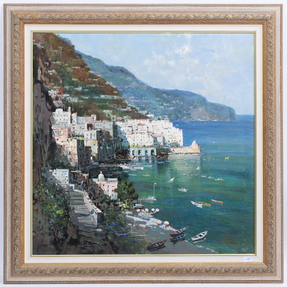 LATE 20TH CENTURY ITALIAN SCHOOL A view of the Amalfi coast, oil on canvas, indistinctly signed - Image 2 of 2