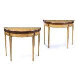 A PAIR OF SATIN WOOD VENEERED D SHAPED FOLD OVER CARD TABLES with painted flower decoration to the