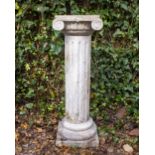 A SMALL DECORATIVE ALABASTER COLUMN with scrolls to the capital, 26cm wide x 75cm high