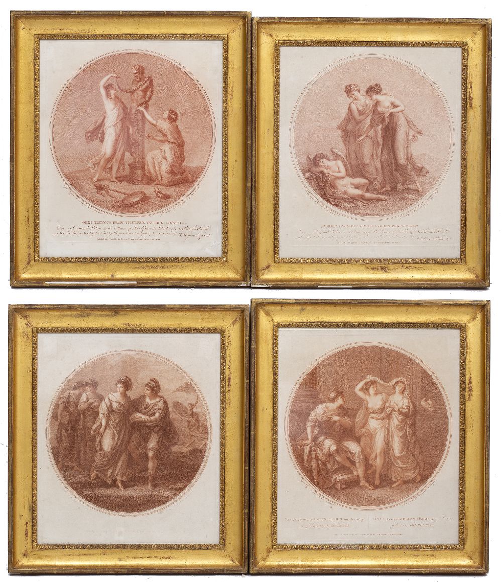 A GROUP OF FOUR SIMILARLY FRAMED ANTIQUE PRINTS depicting classical scenes, after Angelica Kauffman,