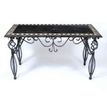 A SILVER PAINTED WROUGHT IRON CONSOLE TABLE with parquetry decorated composite top, the supports