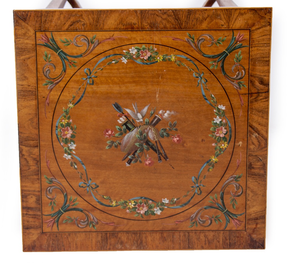 AN EDWARDIAN SATINWOOD SQUARE OCCASIONAL TABLE with walnut crossbanded top and with painted - Image 2 of 2