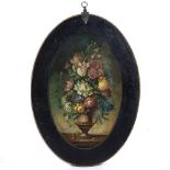 A DECORATIVE OVAL STILL LIFE PICTURE in the Regency style, 47cm high x 33.5cm wide