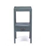 A PAINTED TWO TIER SQUARE TOPPED PINE BEDSIDE TABLE the square legs united by a central tier with