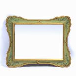 A GREEN AND PARCEL GILT PAINTED VENETIAN WALL MIRROR with rectangular mirror plate, 72cm wide x 81cm