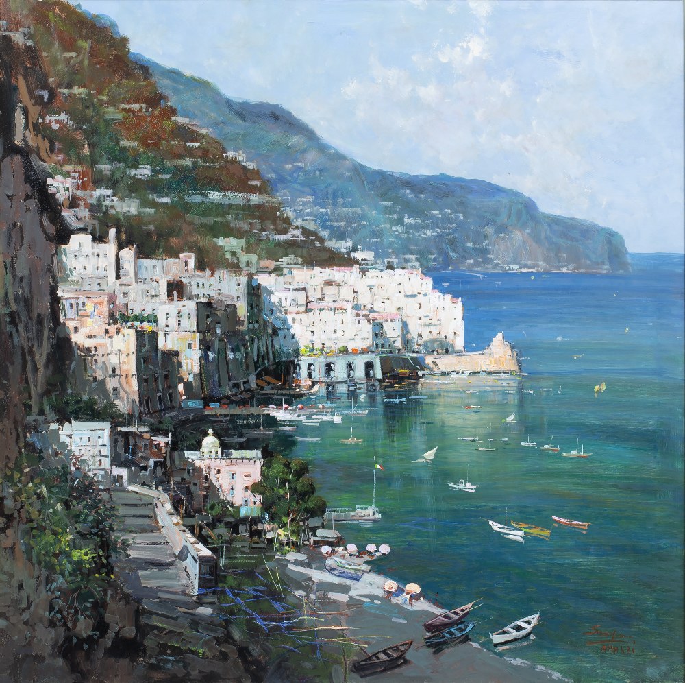 LATE 20TH CENTURY ITALIAN SCHOOL A view of the Amalfi coast, oil on canvas, indistinctly signed