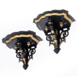 A PAIR OF EBONISED AND PARCEL GILT RENAISSANCE REVIVAL STYLE WALL BRACKETS with pierced scrolls,