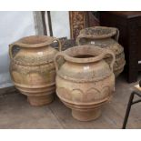 A GROUP OF THREE CONTINENTAL TERRACOTTA JARS each with twin looping handles, approximately 44cm