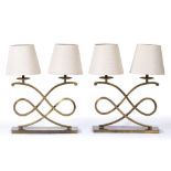 A PAIR OF SCROLLING BRASS TWIN BRANCH TABLE LAMPS each 46cm wide x 60cm high (2)