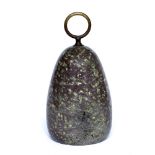 A 19TH CENTURY TURNED SERPENTINE EGG SHAPED DOOR STOP with brass ring handle, 11cm diameter x 24cm