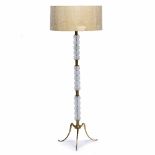 A 1970'S BRASS AND MOULDED GLASS LAMP STANDARD with tripod base, approximately 150cm high overall