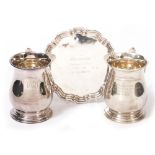 TWO SHEFFIELD SILVER TANKARDS both 8.5cm diameter x 11.5cm high together with a silver plated card