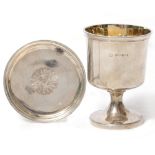 A WILLIAM IV SILVER AND PARCEL GILT TRAVELLING COMMUNION CHALICE AND PATON with engraved