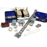 SILVER AND JEWELLERY to include silver napkin rings, an early 20th century silver plated belt with