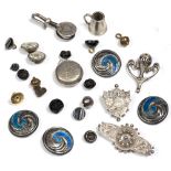 FOUR LIBERTY & CO CYMRIC SILVER BUTTONS with swirling enamelled decoration and marks for