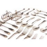 A COLLECTION OF SILVER PLATED CUTLERY, silver toast racks, Christofle white metal forks etc