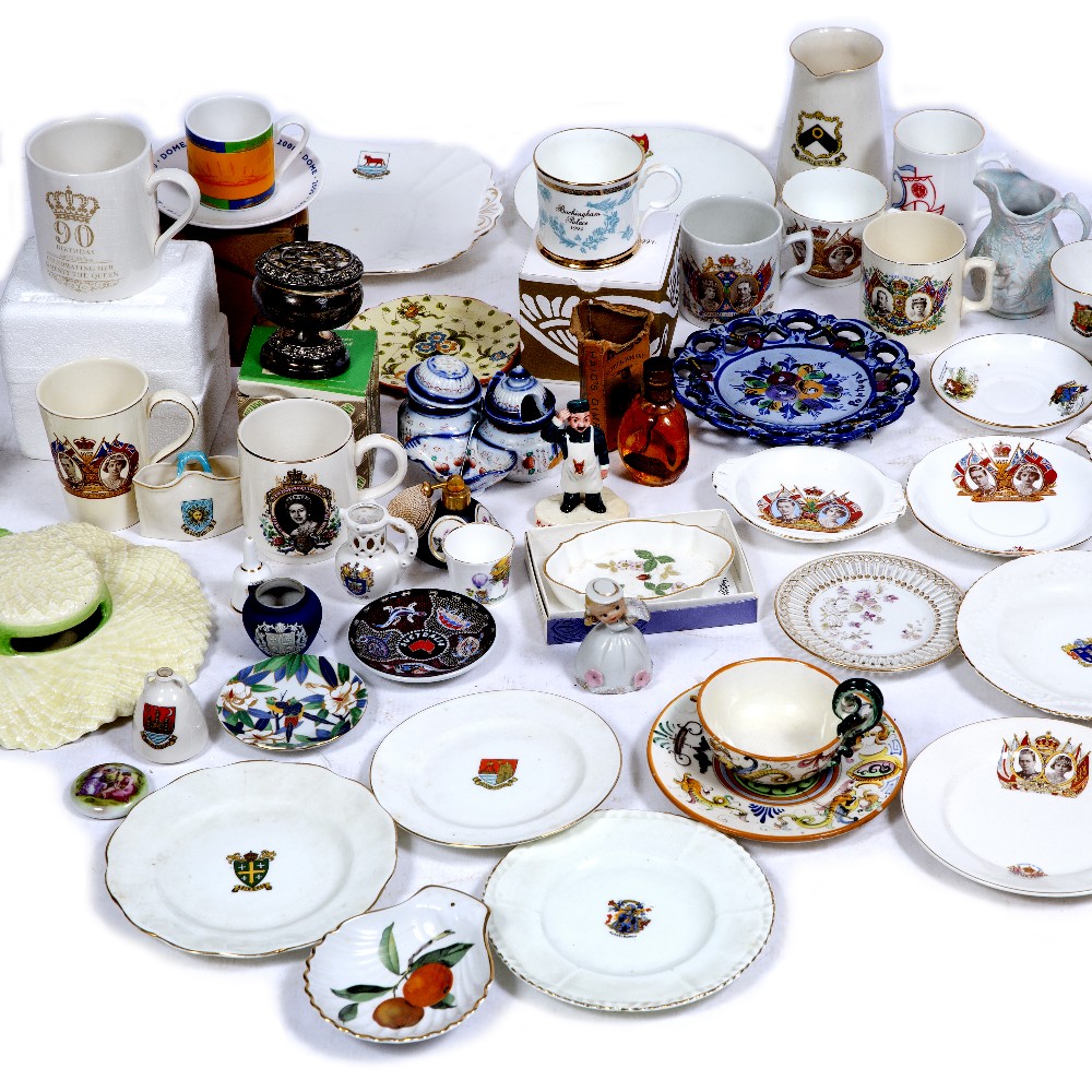 A MIXED LOT to include a Wedgwood tea set, crested china and a bisque headed doll
